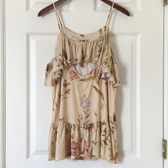 Chaser Heirloom Woven Floral Vented Ruffle Peplum Hem Camisole Tank Top Beige M - Picture 9 of 12